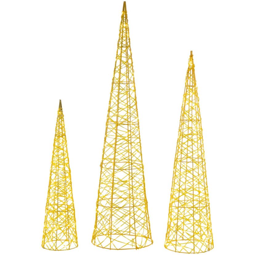 Set of 3 LED Twinkle Lighted Gold Mesh Cone Trees Outdoor Christmas Decorations 39.5"