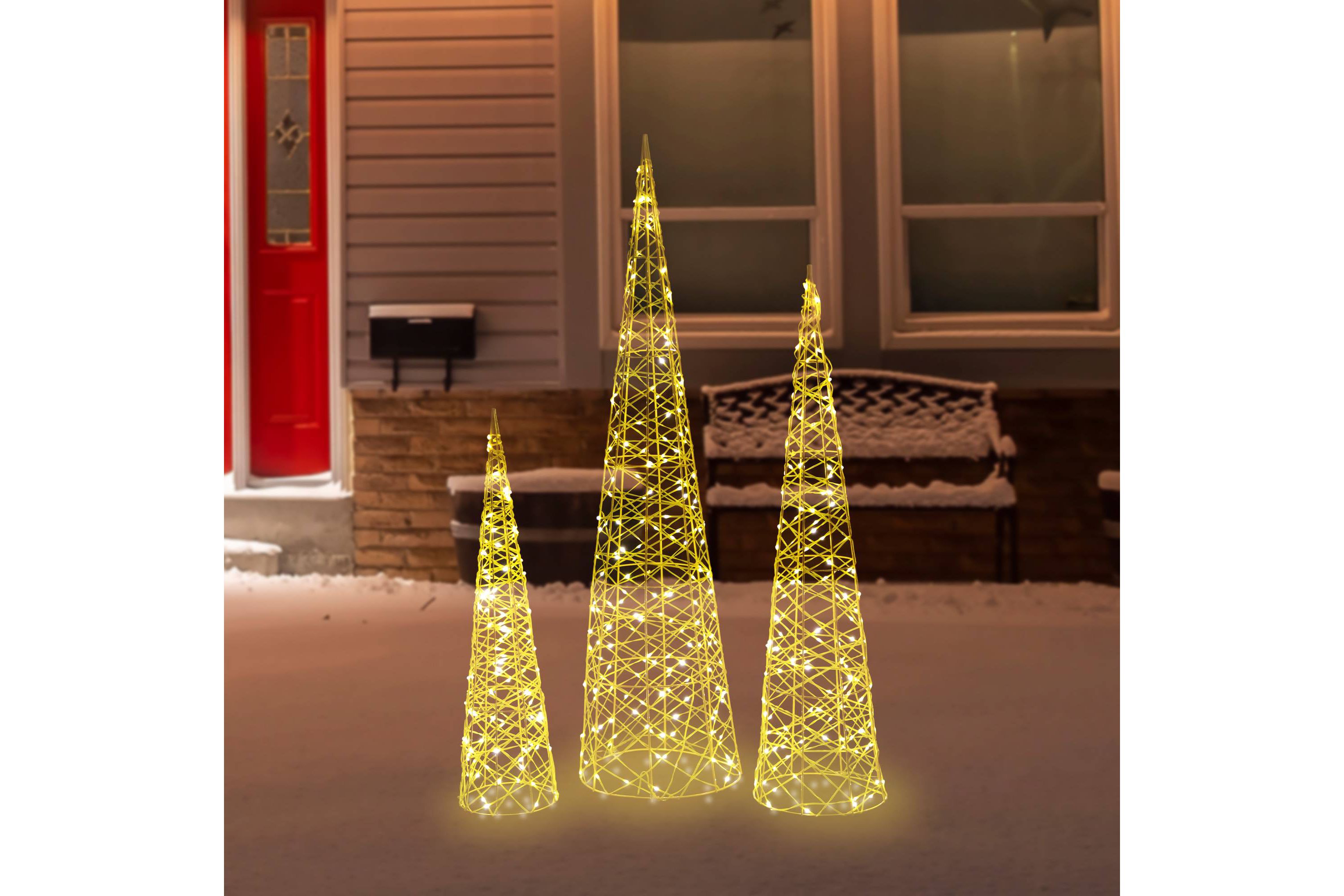 Set of 3 LED Twinkle Lighted Gold Mesh Cone Trees Outdoor Christmas Decorations 39.5"
