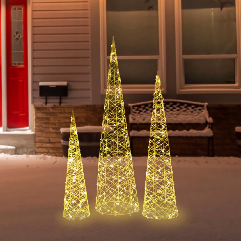 Set of 3 LED Twinkle Lighted Gold Mesh Cone Trees Outdoor Christmas Decorations 39.5"
