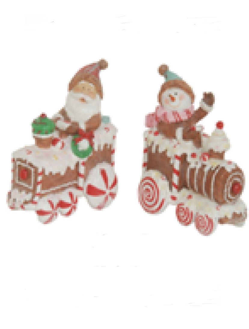Set of 2 Santa and Snowman on Gingerbread Trains Christmas Figures - 6.75inch