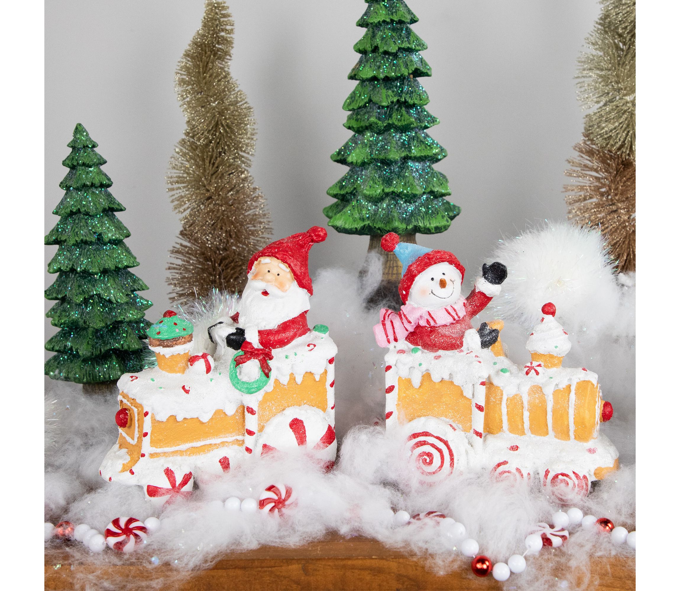 Set of 2 Santa and Snowman on Gingerbread Trains Christmas Figures - 6.75inch