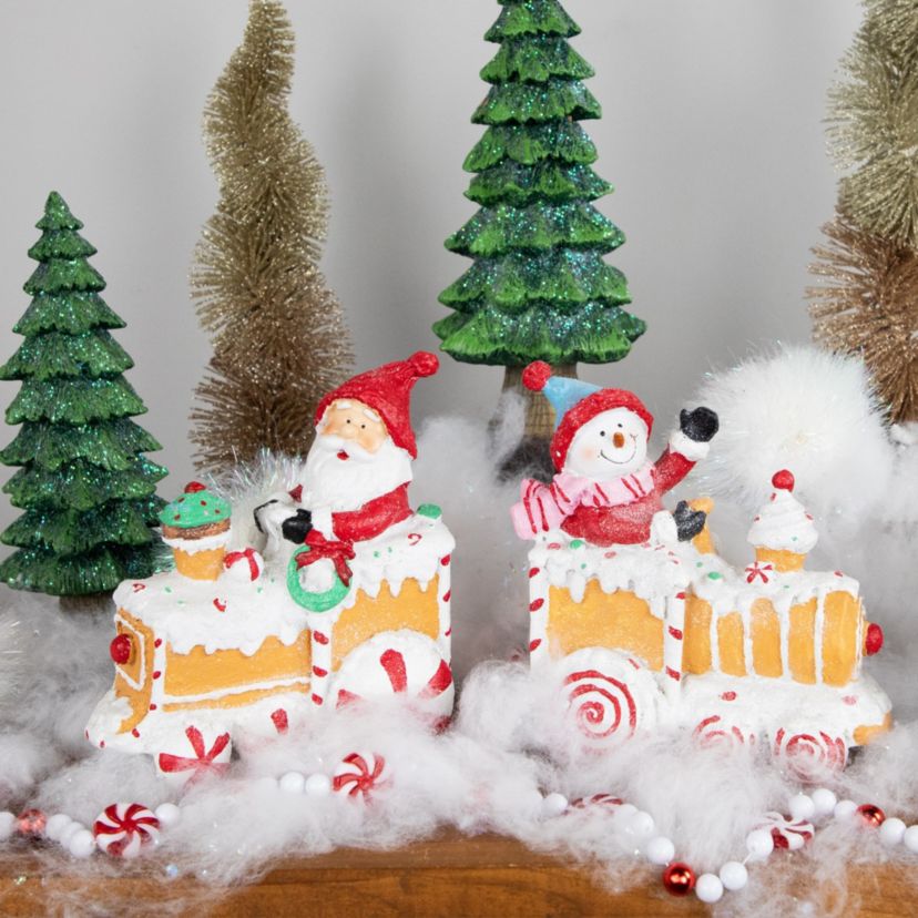 Set of 2 Santa and Snowman on Gingerbread Trains Christmas Figures - 6.75inch