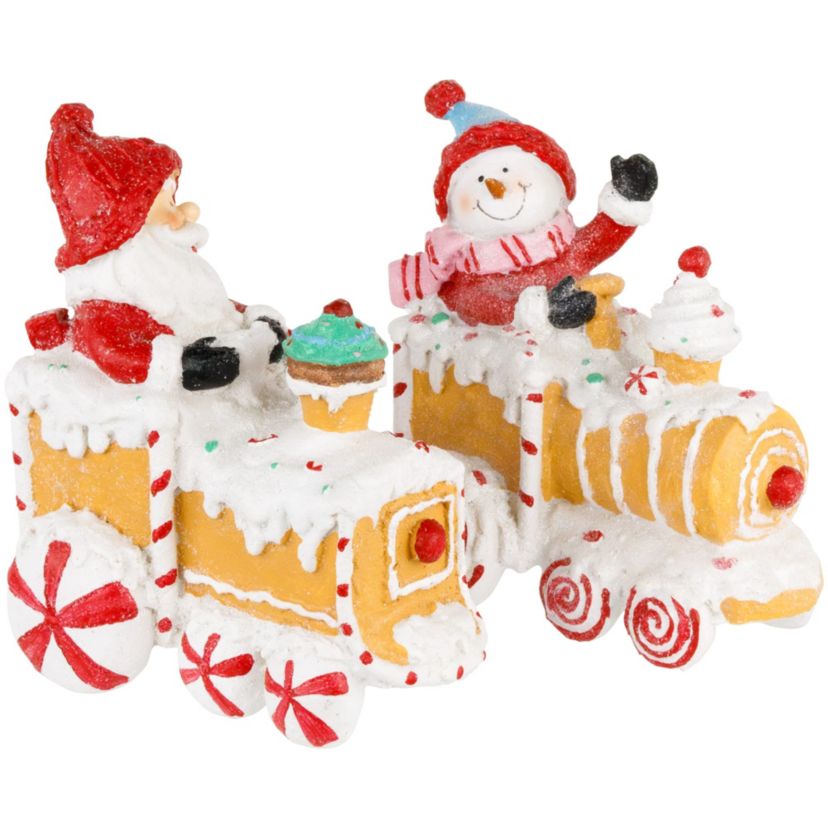 Set of 2 Santa and Snowman on Gingerbread Trains Christmas Figures - 6.75inch