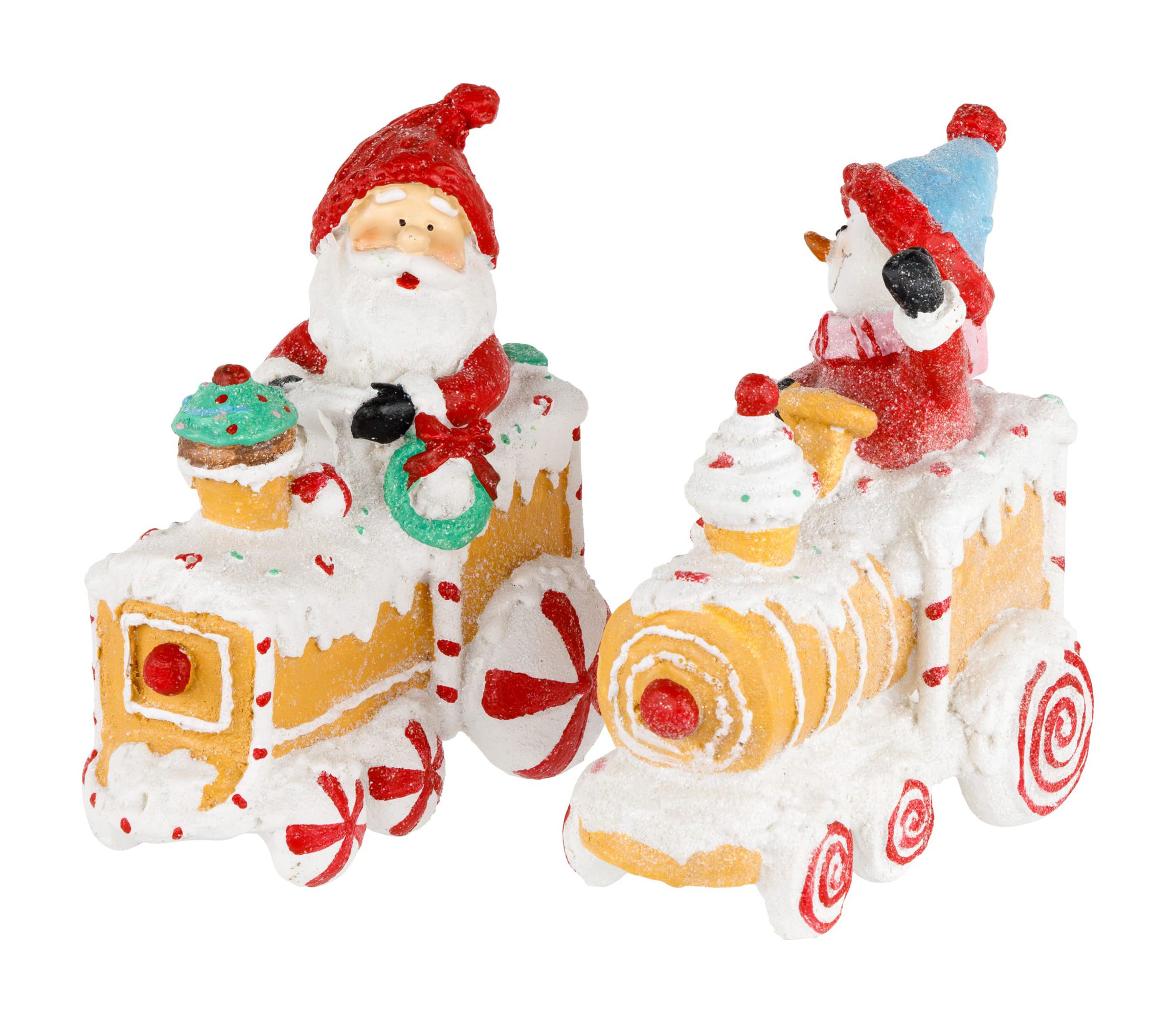 Set of 2 Santa and Snowman on Gingerbread Trains Christmas Figures - 6.75inch