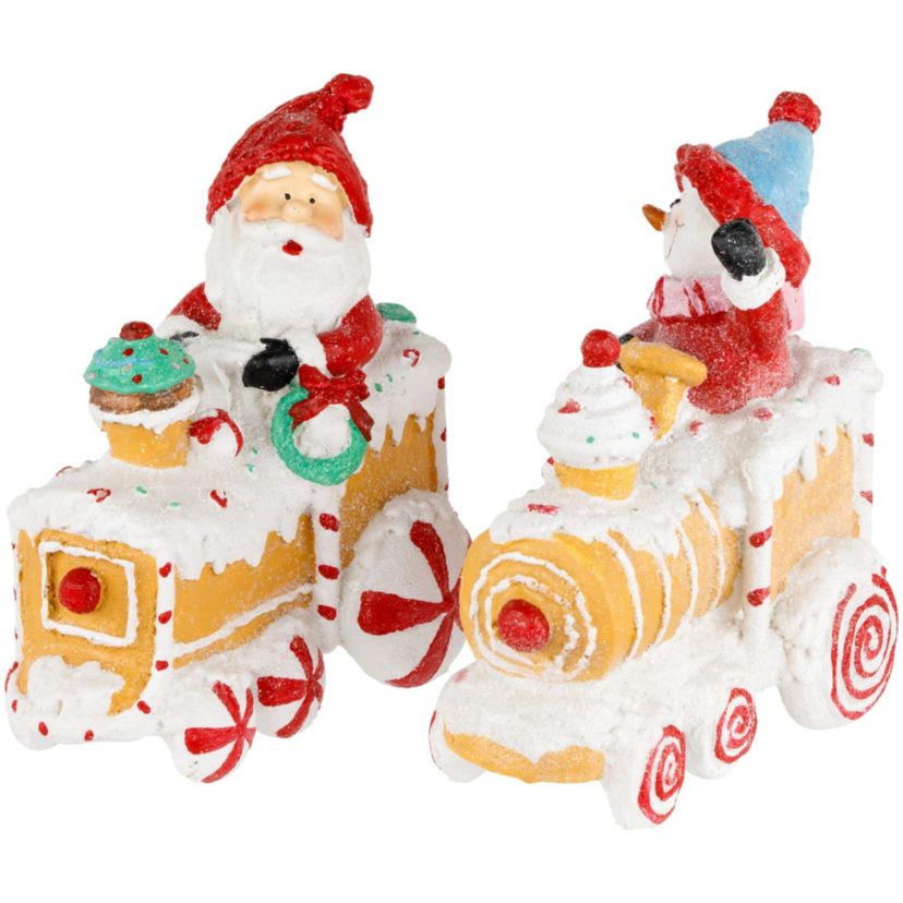 Set of 2 Santa and Snowman on Gingerbread Trains Christmas Figures - 6.75inch