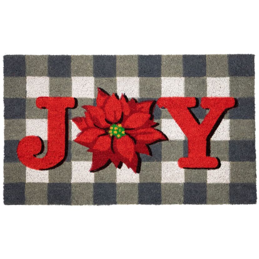 Gray and Red Poinsettia "Joy" Christmas Natural Coir Outdoor Doormat 18inch x 30inch