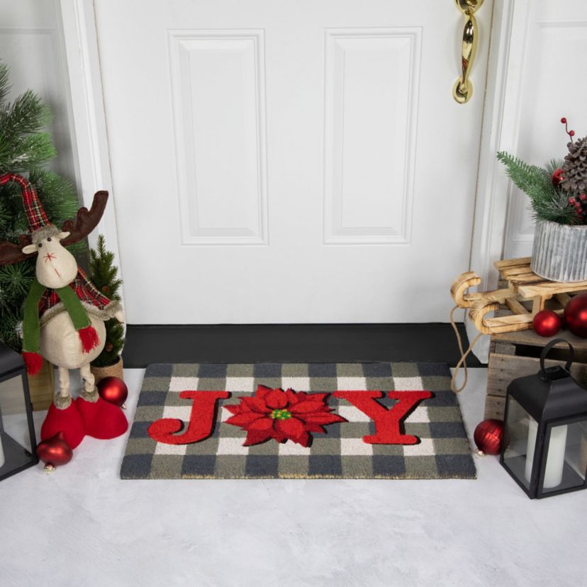 Gray and Red Poinsettia "Joy" Christmas Natural Coir Outdoor Doormat 18inch x 30inch