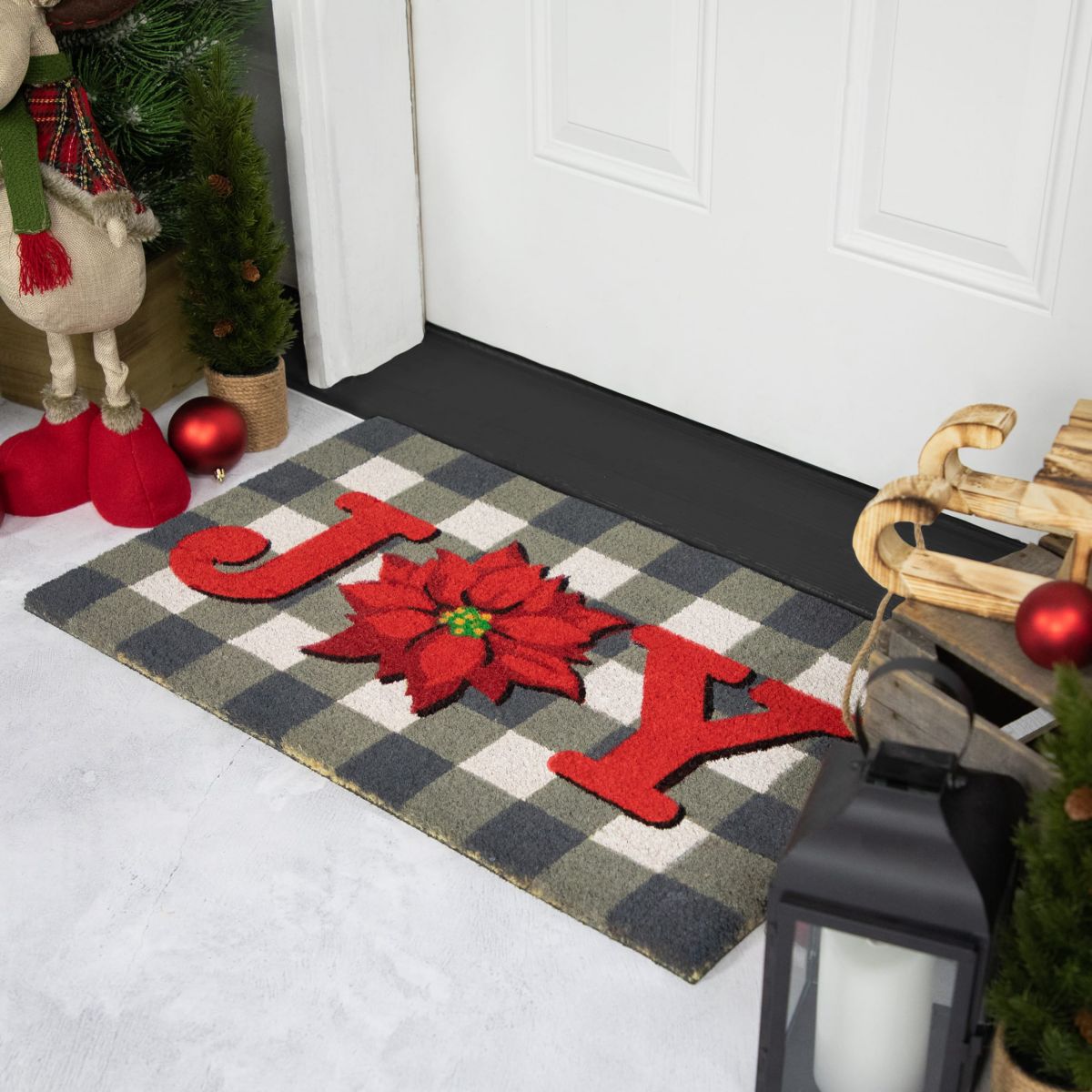 Gray and Red Poinsettia "Joy" Christmas Natural Coir Outdoor Doormat 18inch x 30inch
