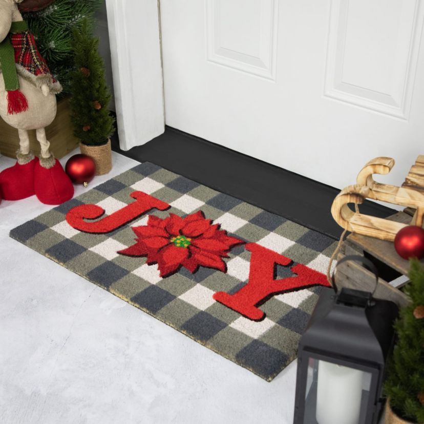 Gray and Red Poinsettia "Joy" Christmas Natural Coir Outdoor Doormat 18inch x 30inch