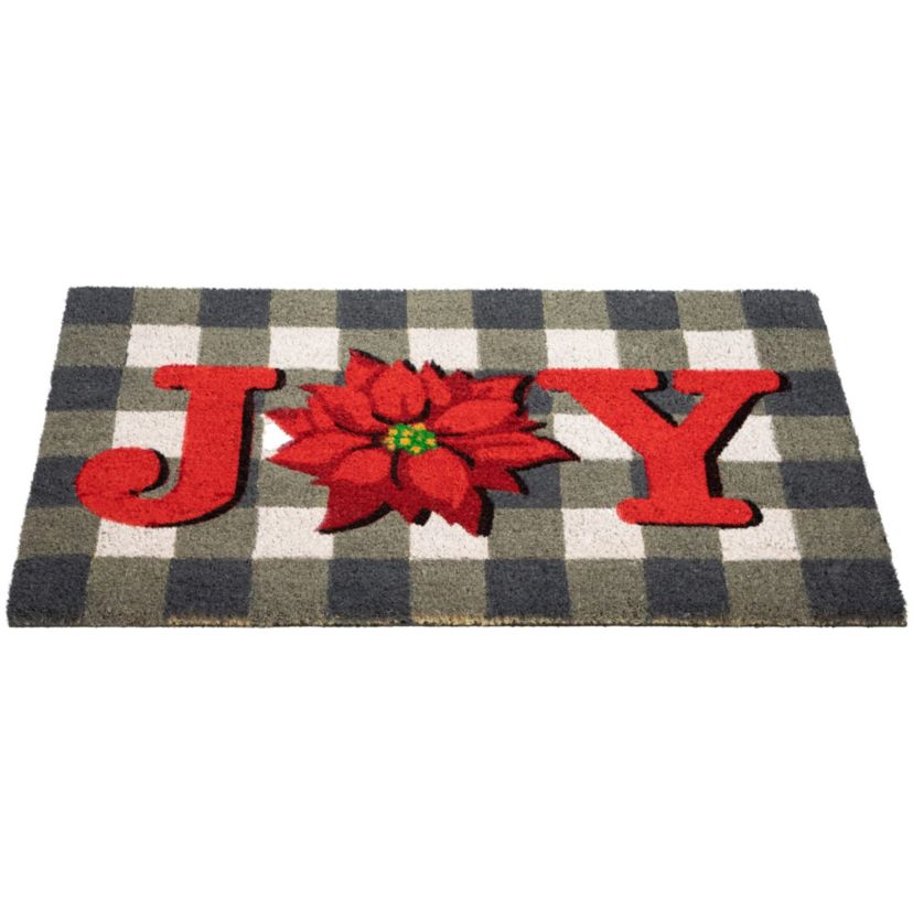 Gray and Red Poinsettia "Joy" Christmas Natural Coir Outdoor Doormat 18inch x 30inch
