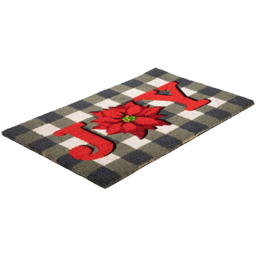 Gray and Red Poinsettia "Joy" Christmas Natural Coir Outdoor Doormat 18inch x 30inch