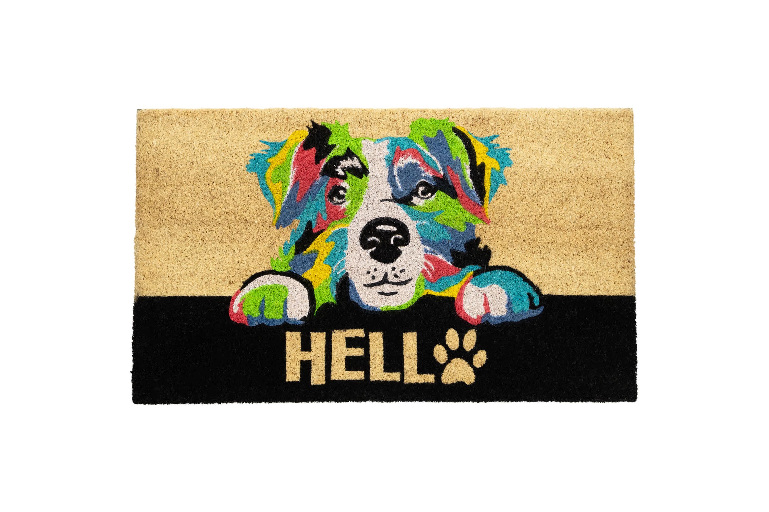 Ivory and Black "Hello" Multicolor Dog Outdoor Coir Doormat 18" x 30"