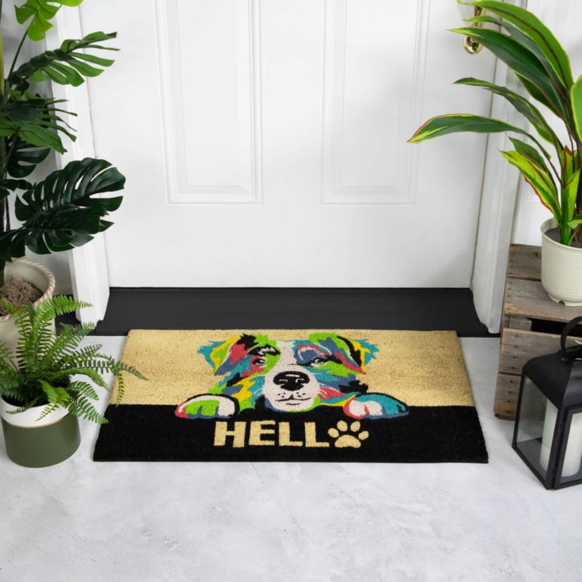 Ivory and Black "Hello" Multicolor Dog Outdoor Coir Doormat 18" x 30"