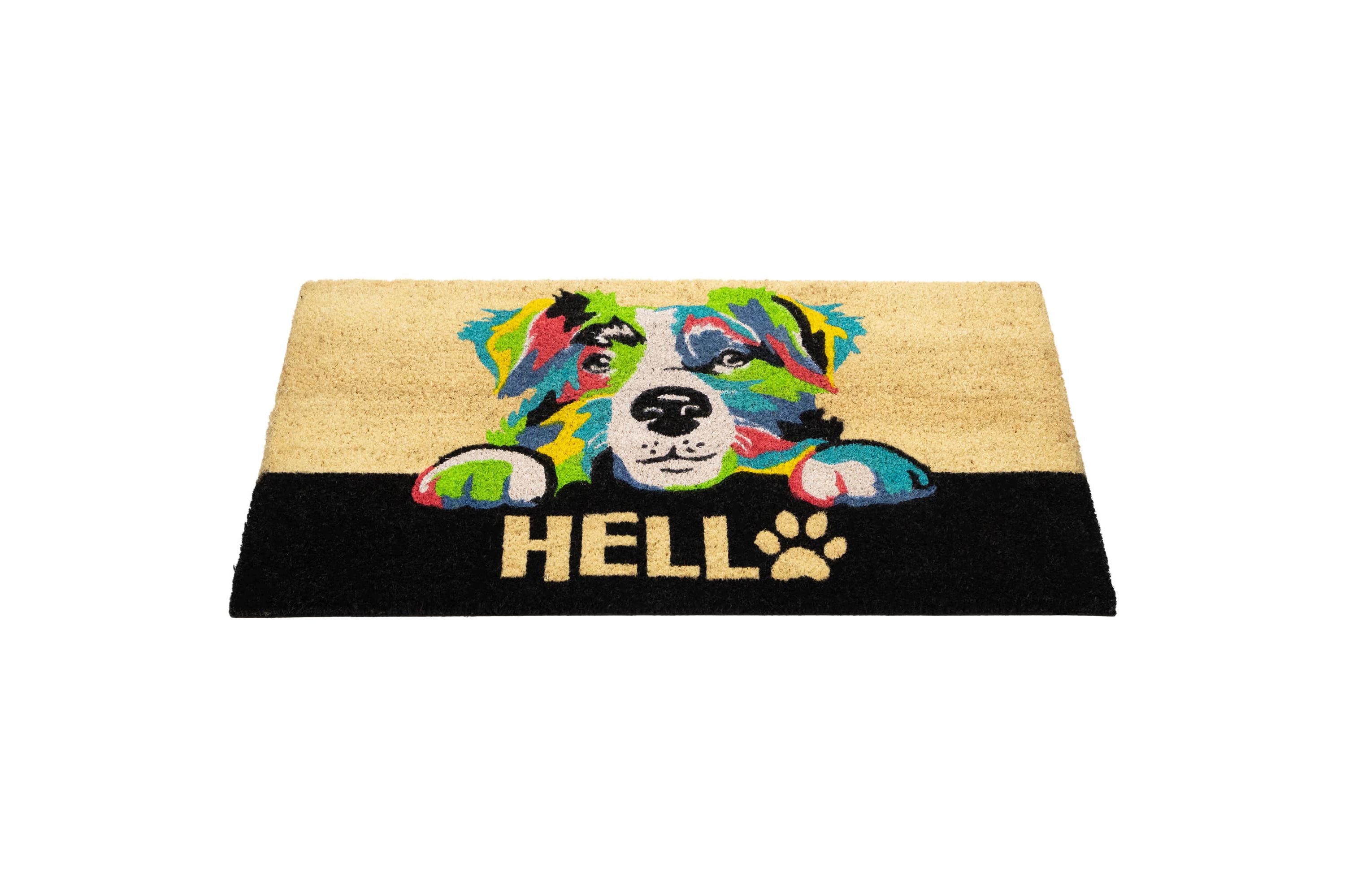 Ivory and Black "Hello" Multicolor Dog Outdoor Coir Doormat 18" x 30"