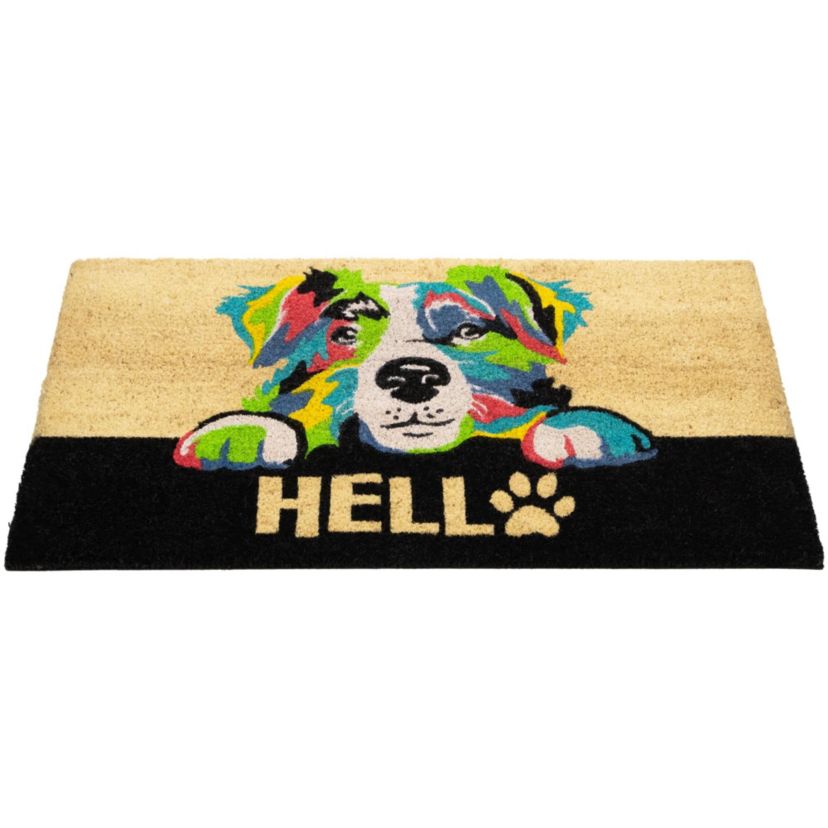 Ivory and Black "Hello" Multicolor Dog Outdoor Coir Doormat 18" x 30"