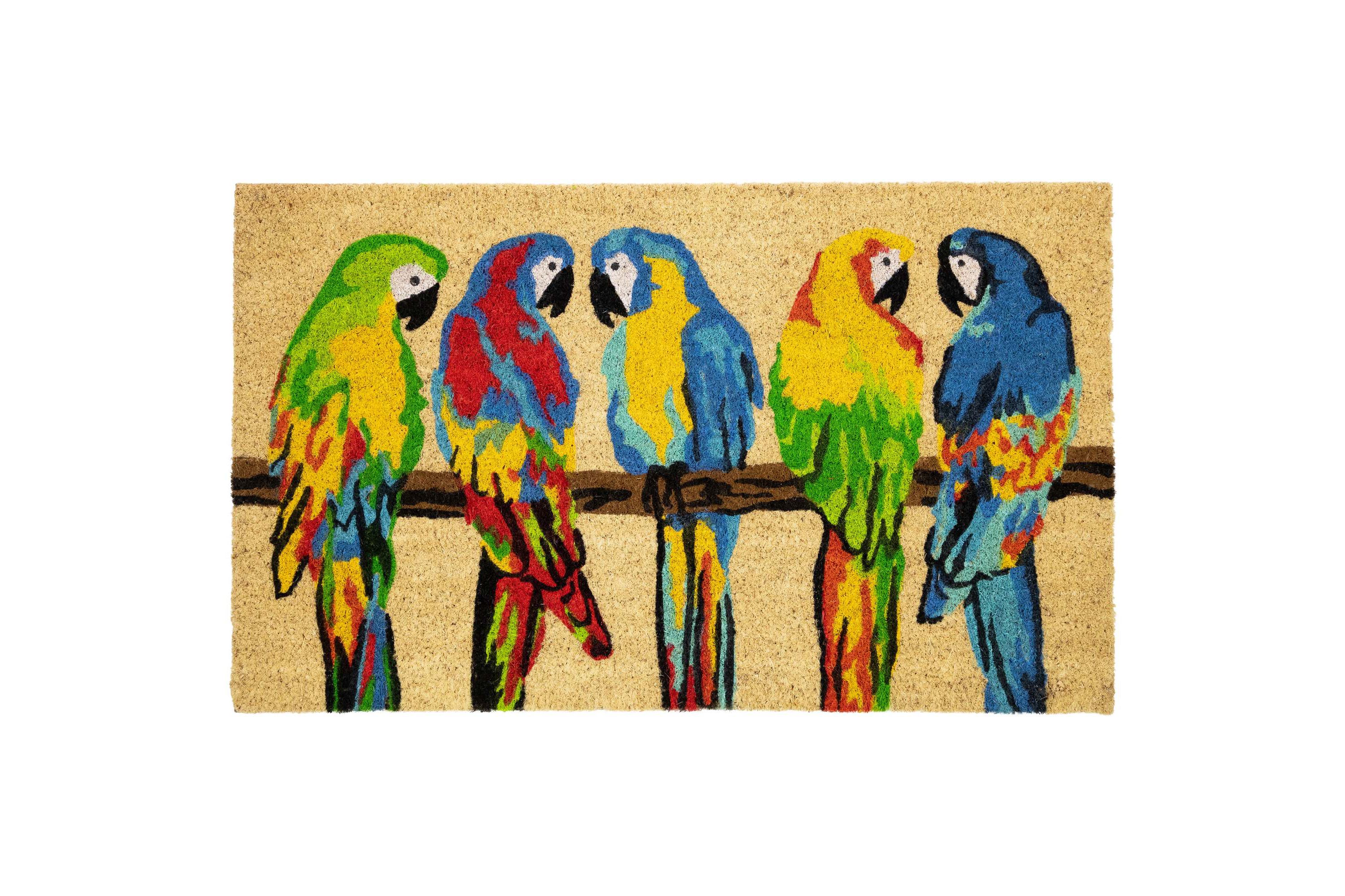 Toffee and Multicolor Parrots Coir Outdoor Doormat 18" x 30"