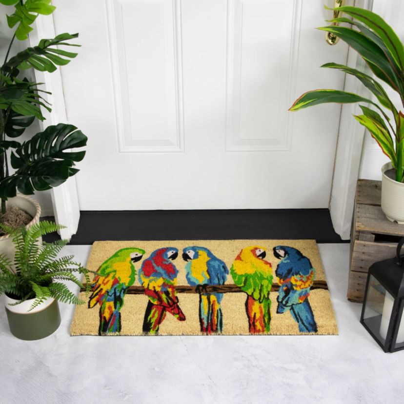 Toffee and Multicolor Parrots Coir Outdoor Doormat 18" x 30"