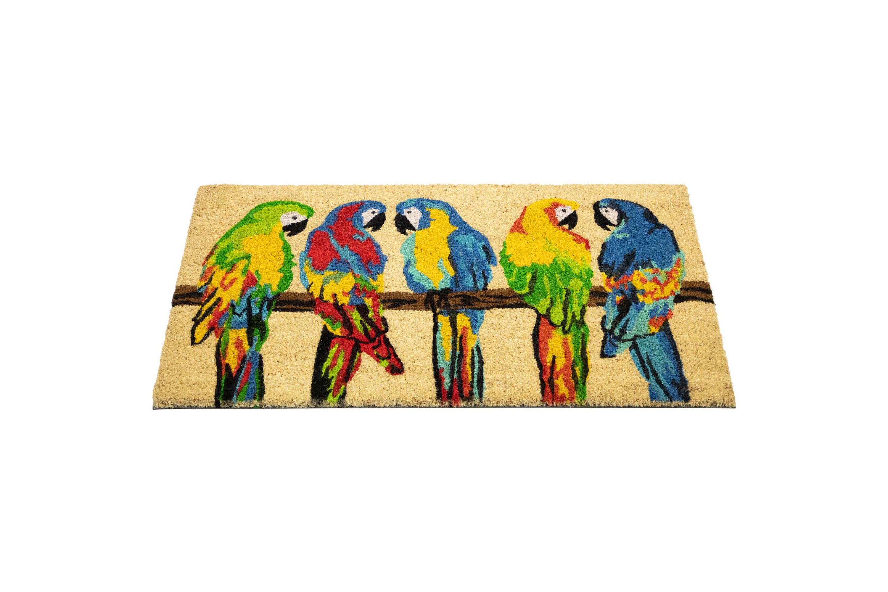 Toffee and Multicolor Parrots Coir Outdoor Doormat 18" x 30"