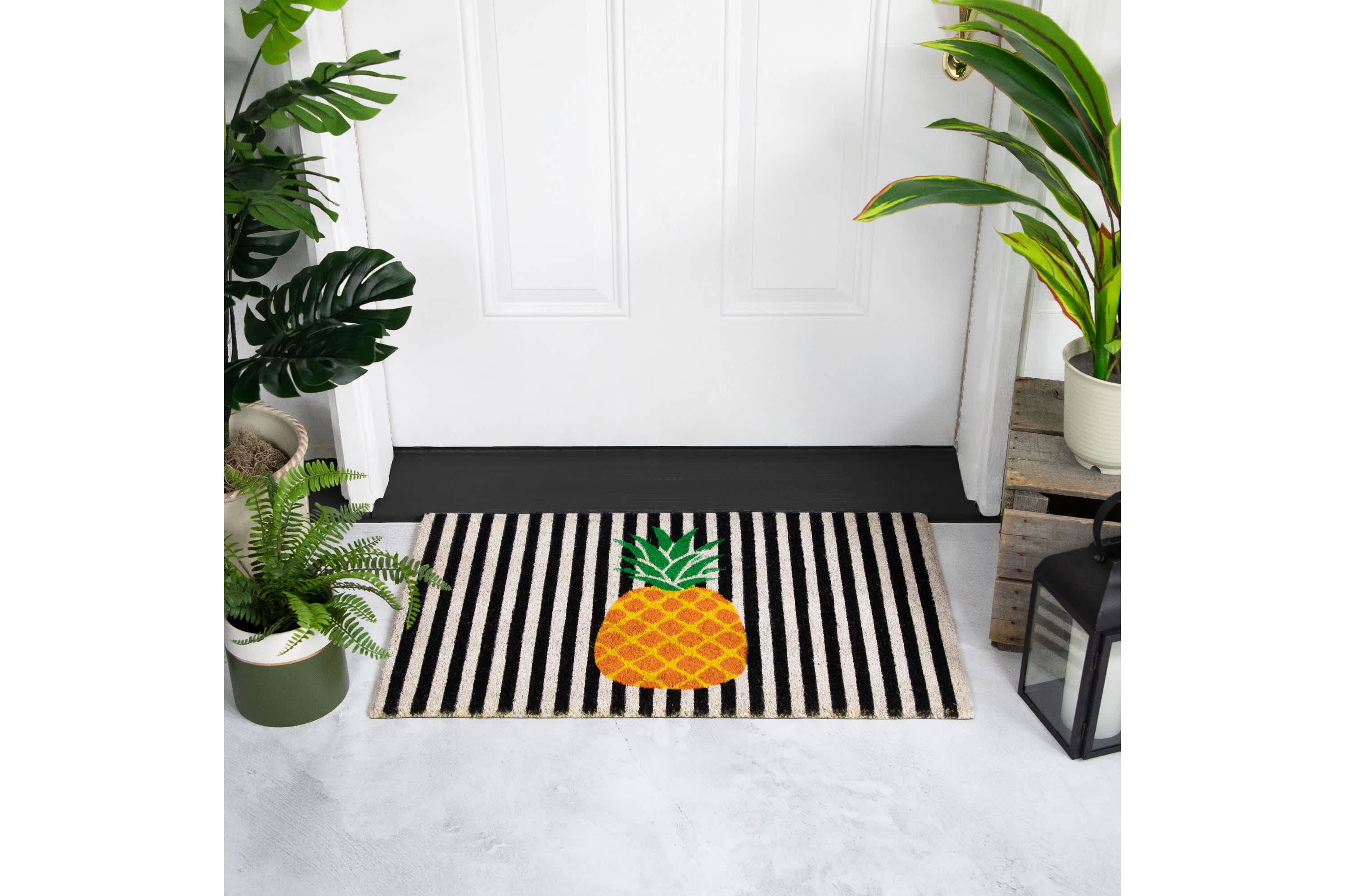 Ivory and Orange Pineapple Striped Natural Coir Outdoor Summer Doormat 18" x 30"