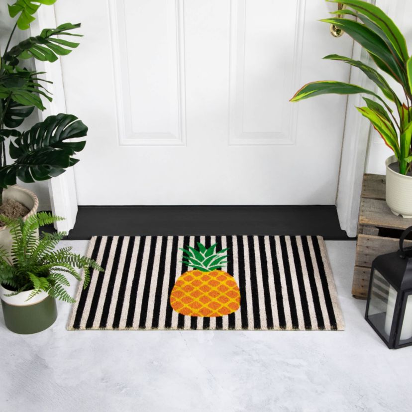 Ivory and Orange Pineapple Striped Natural Coir Outdoor Summer Doormat 18" x 30"