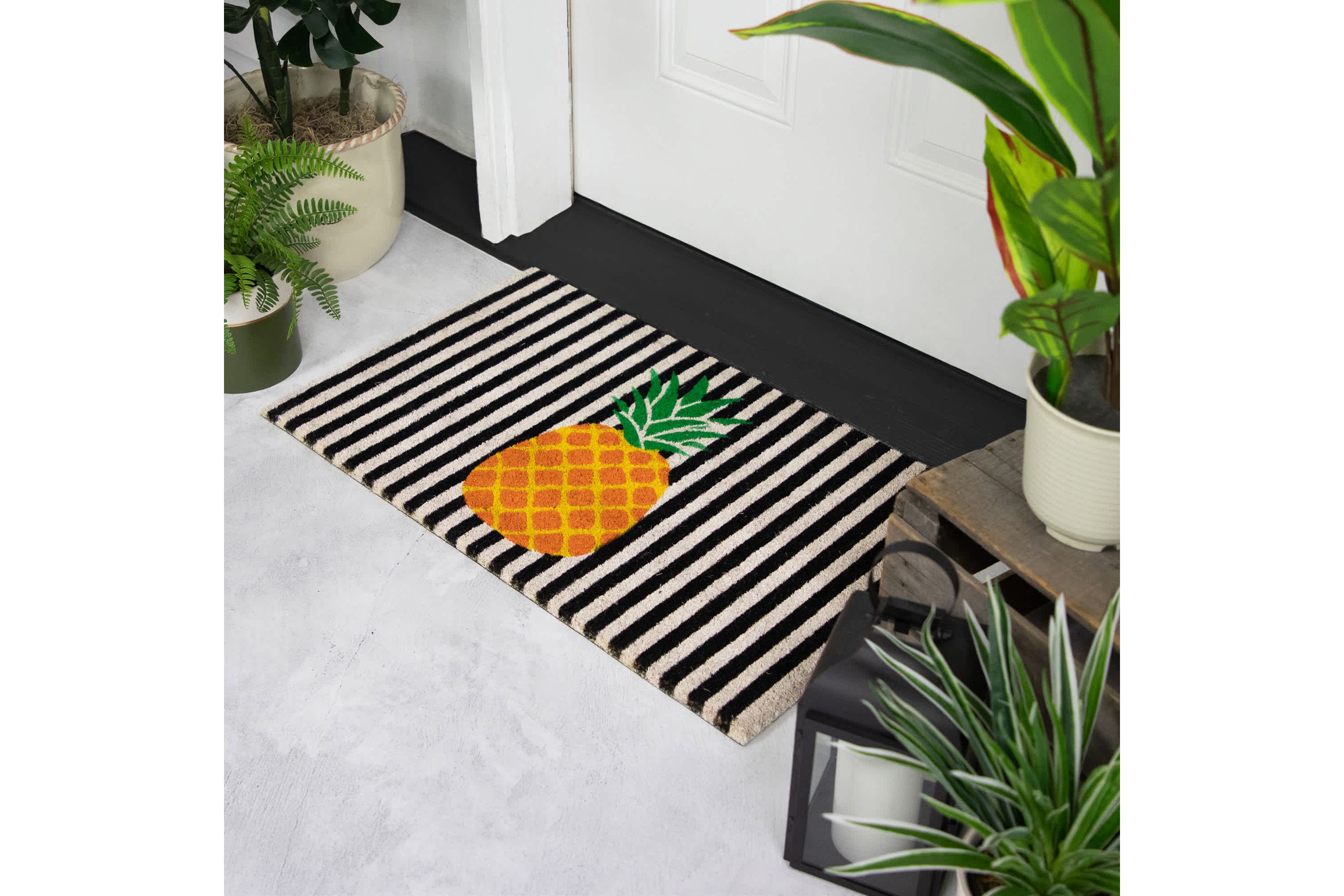 Ivory and Orange Pineapple Striped Natural Coir Outdoor Summer Doormat 18" x 30"