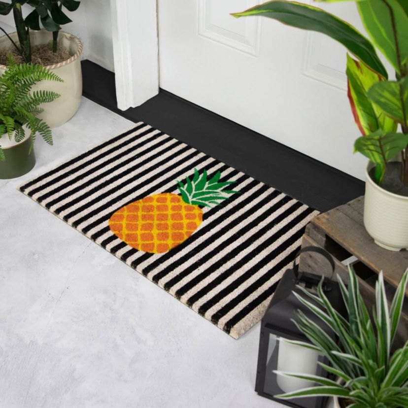 Ivory and Orange Pineapple Striped Natural Coir Outdoor Summer Doormat 18" x 30"