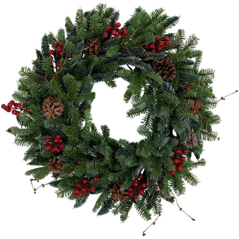 30 Red Berries and Pine Cones Christmas Wreath Unlit