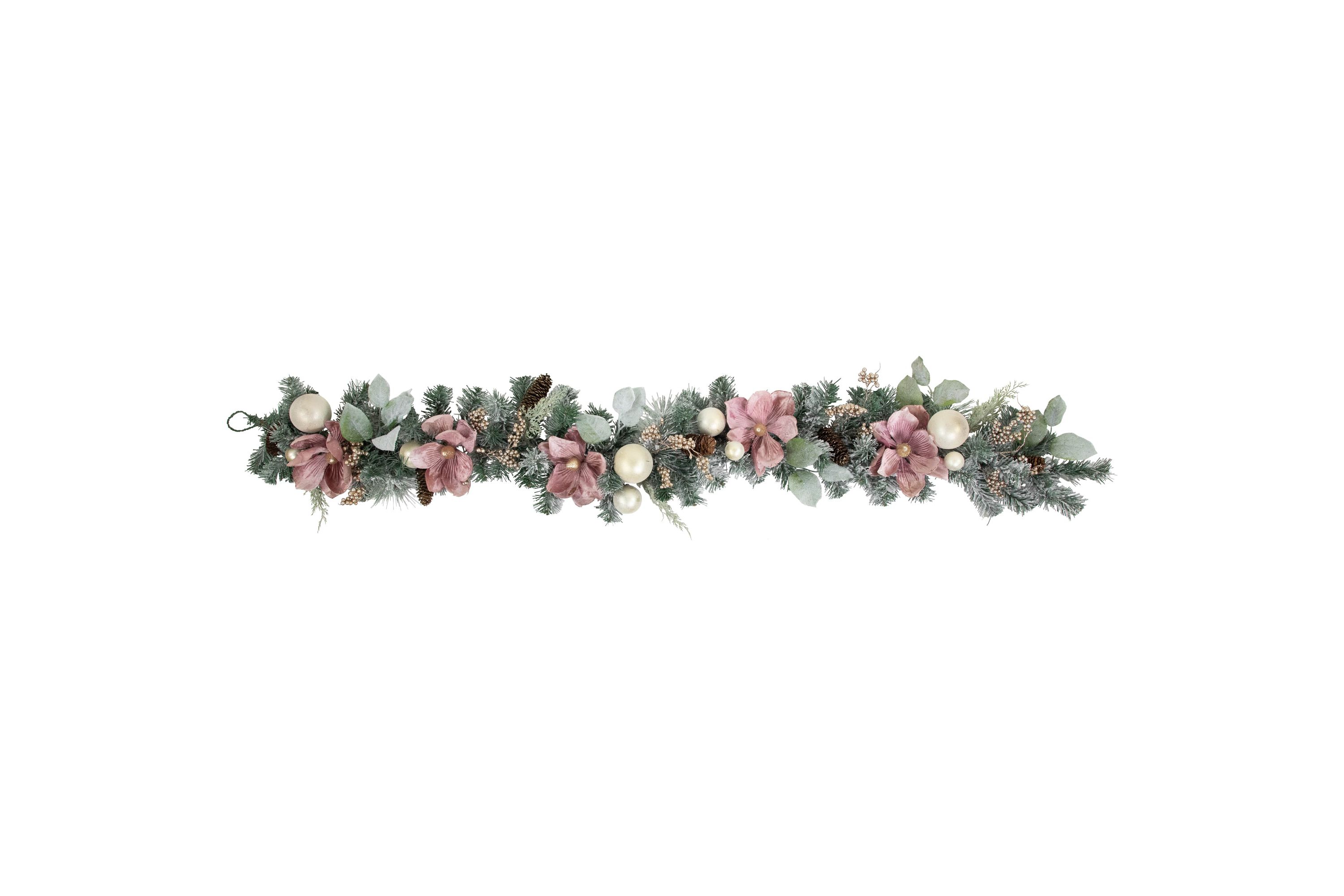 6 Pink Floral and Ball Ornament Frosted Pine Artificial Christmas Garland