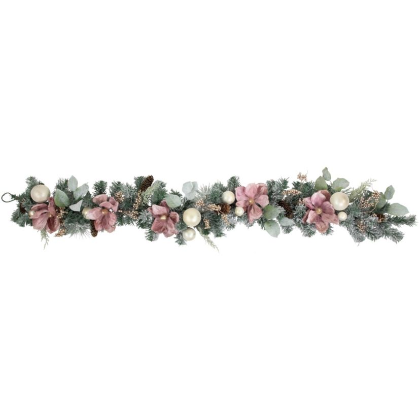 6 Pink Floral and Ball Ornament Frosted Pine Artificial Christmas Garland