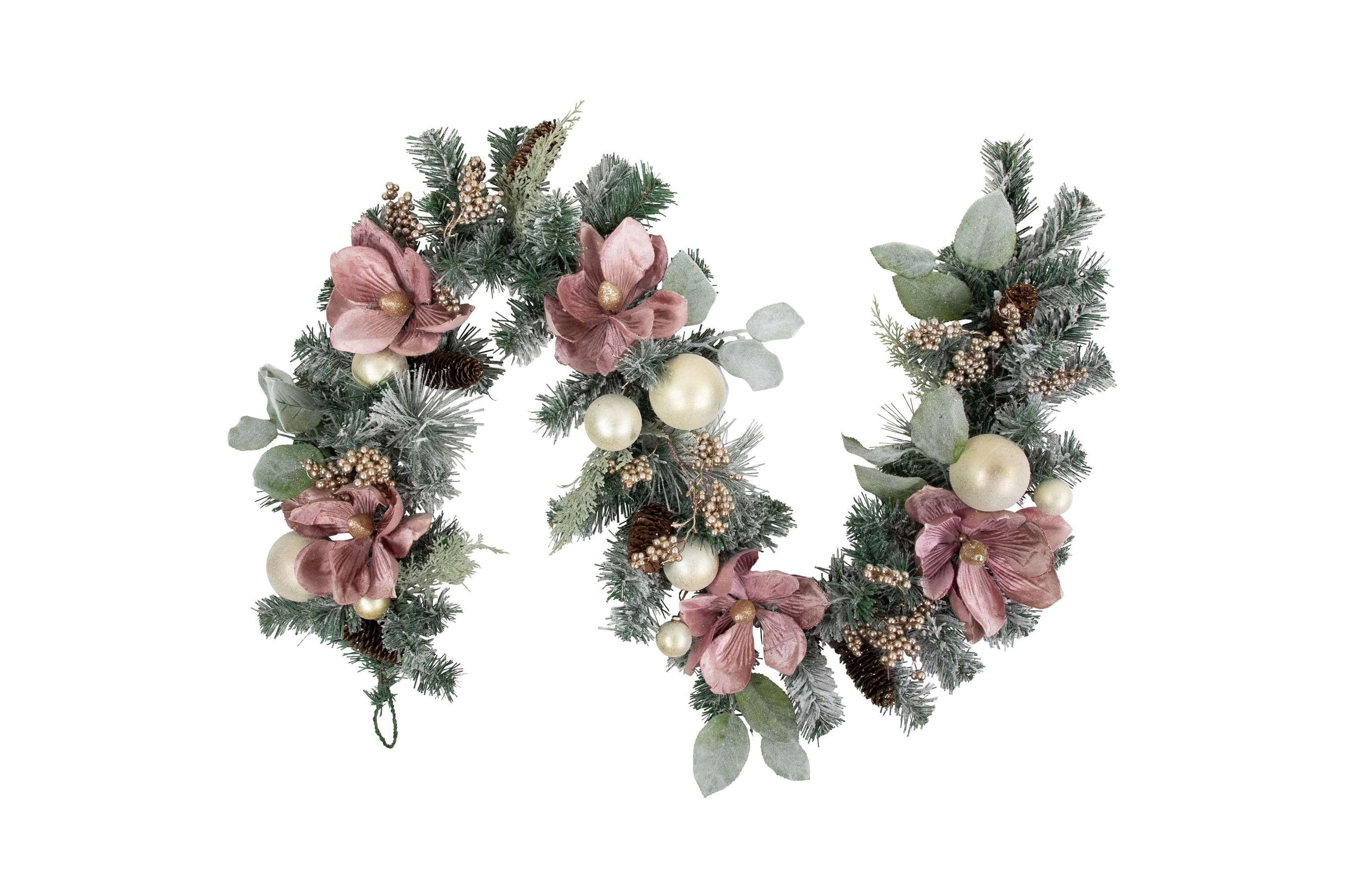 6 Pink Floral and Ball Ornament Frosted Pine Artificial Christmas Garland