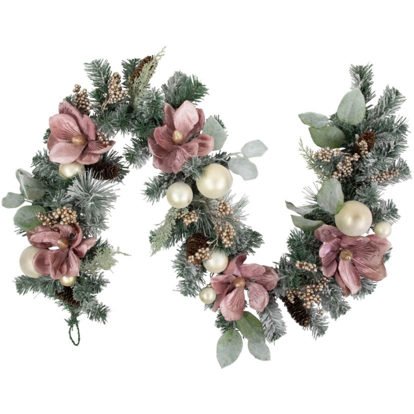 6 Pink Floral and Ball Ornament Frosted Pine Artificial Christmas Garland