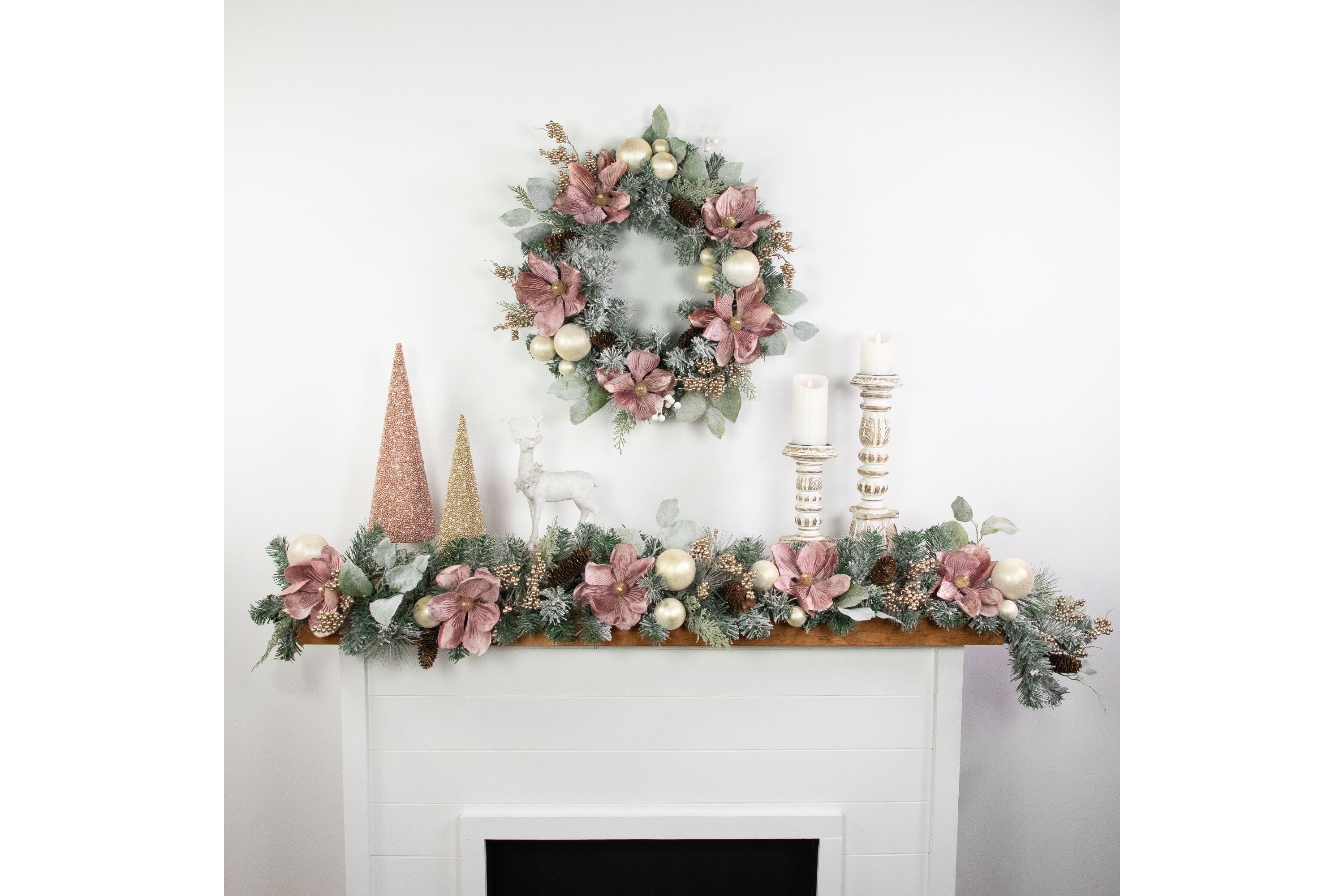 6 Pink Floral and Ball Ornament Frosted Pine Artificial Christmas Garland