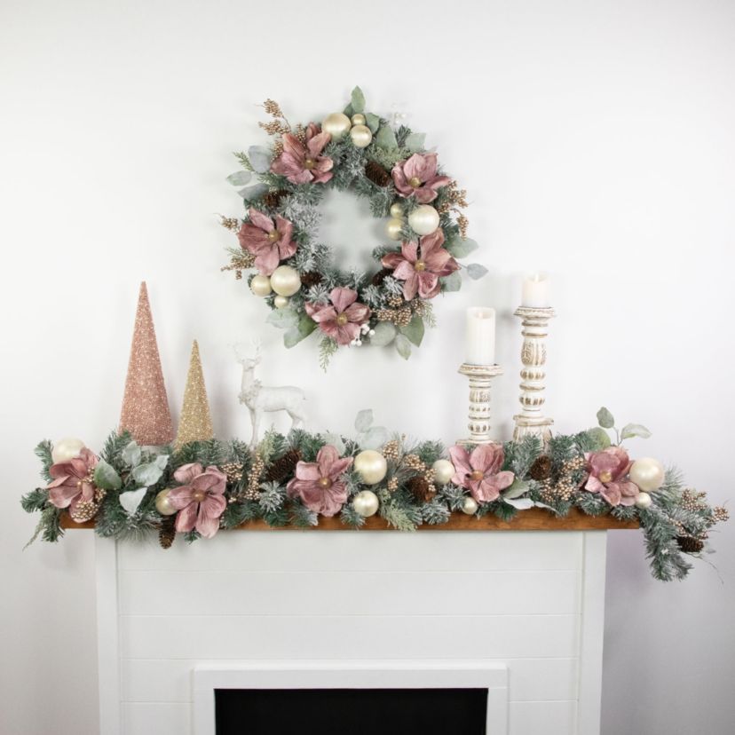 6 Pink Floral and Ball Ornament Frosted Pine Artificial Christmas Garland