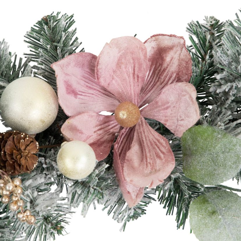 6 Pink Floral and Ball Ornament Frosted Pine Artificial Christmas Garland