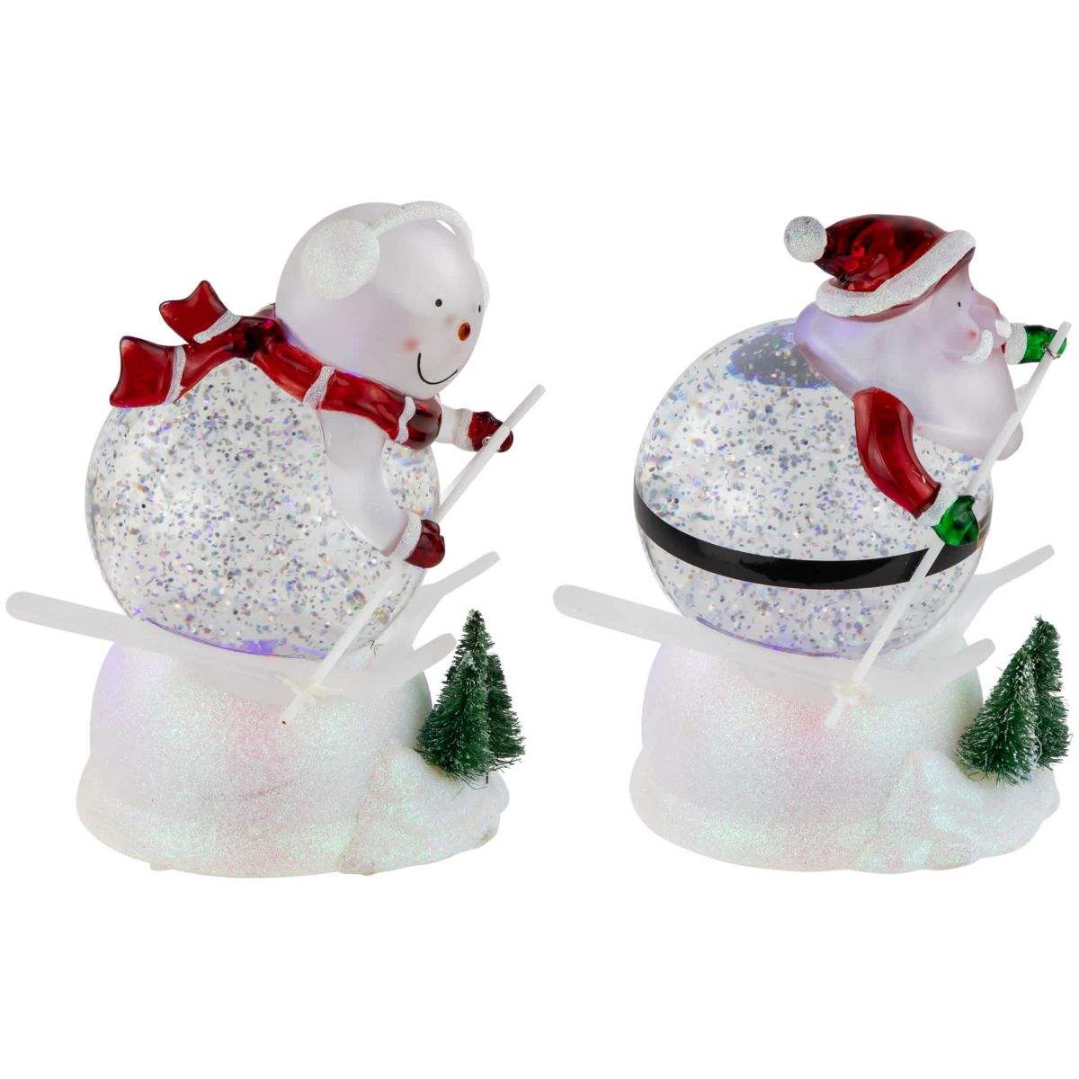 LED Lighted Color Changing Skiing Santa and Snowman Acrylic Christmas Snow Globes - 7.25" - Set of 2