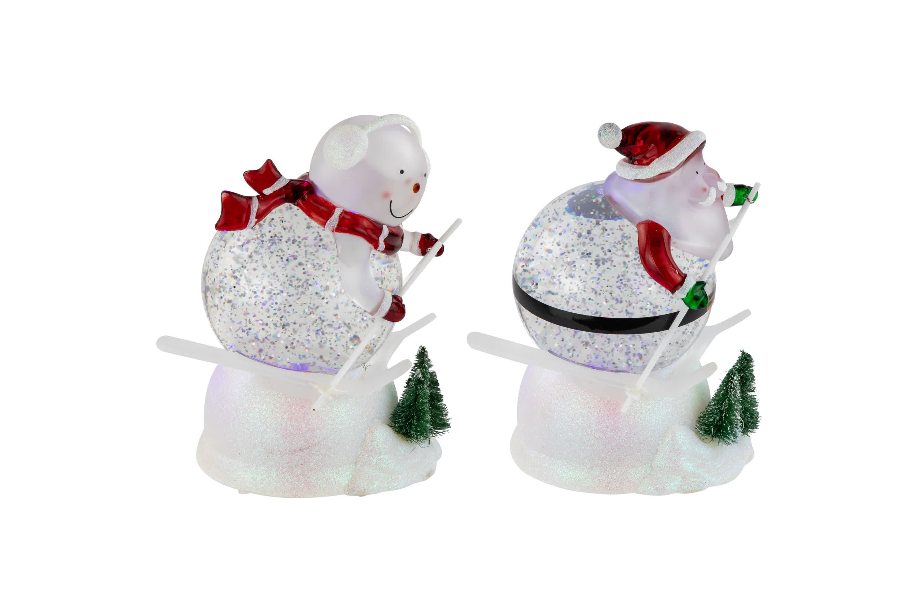 LED Lighted Color Changing Skiing Santa and Snowman Acrylic Christmas Snow Globes - 7.25" - Set of 2