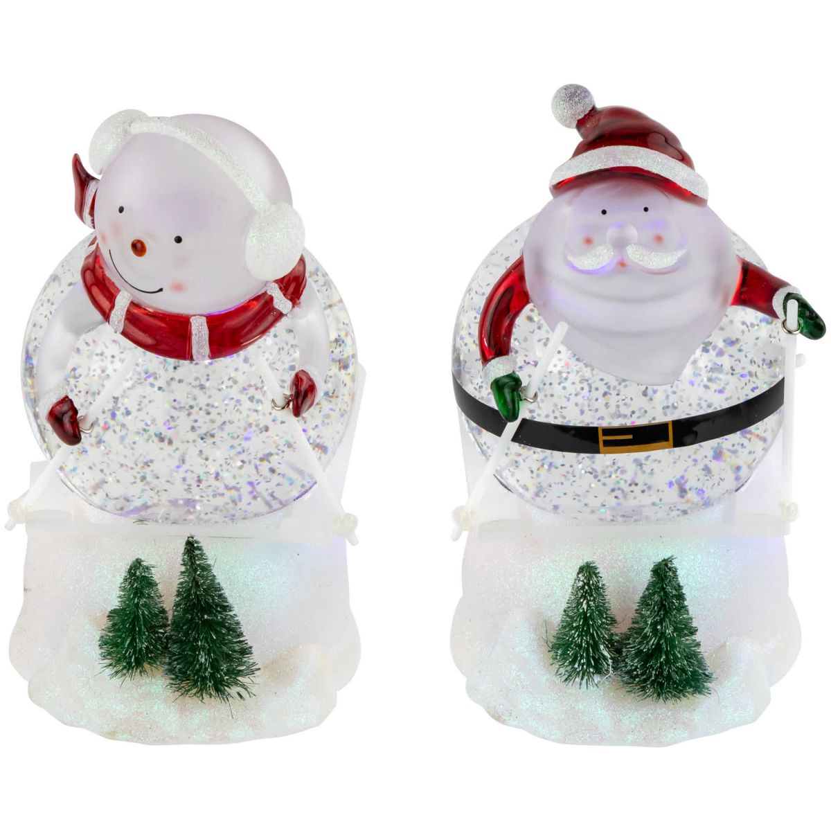 LED Lighted Color Changing Skiing Santa and Snowman Acrylic Christmas Snow Globes - 7.25" - Set of 2