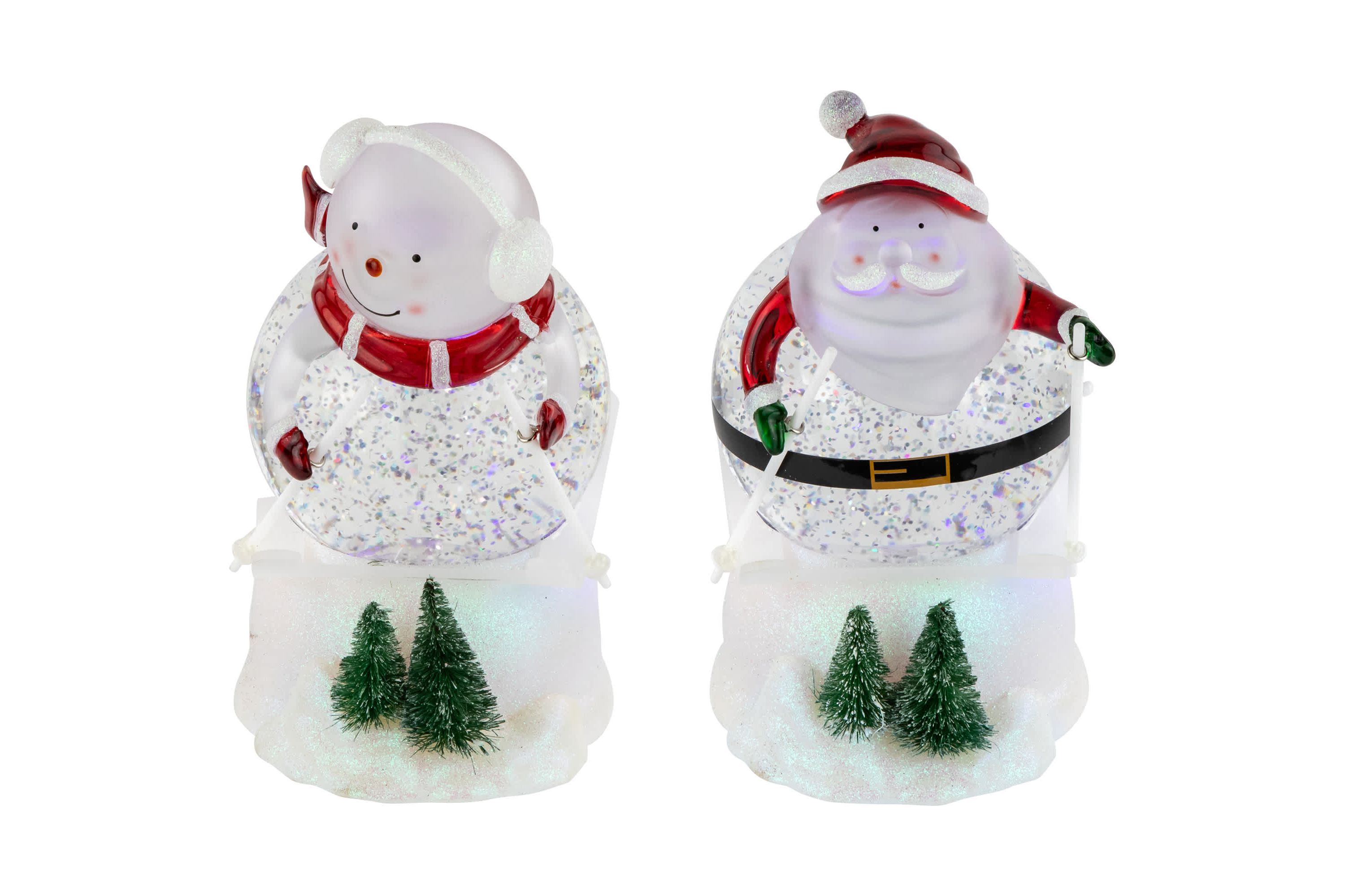 LED Lighted Color Changing Skiing Santa and Snowman Acrylic Christmas Snow Globes - 7.25" - Set of 2