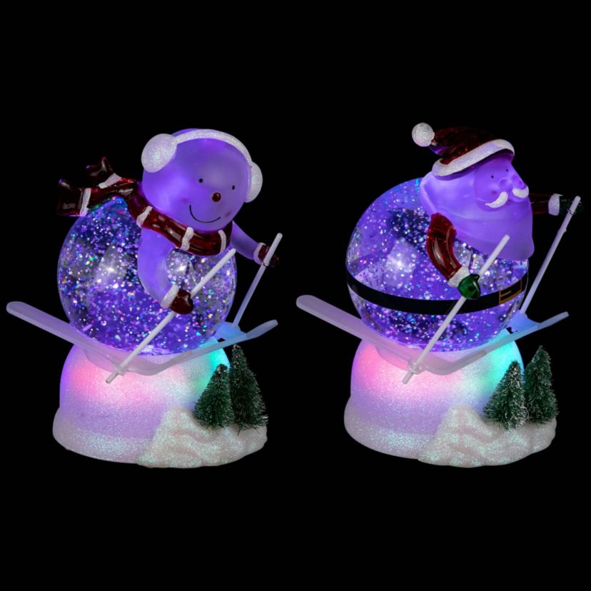 LED Lighted Color Changing Skiing Santa and Snowman Acrylic Christmas Snow Globes - 7.25" - Set of 2
