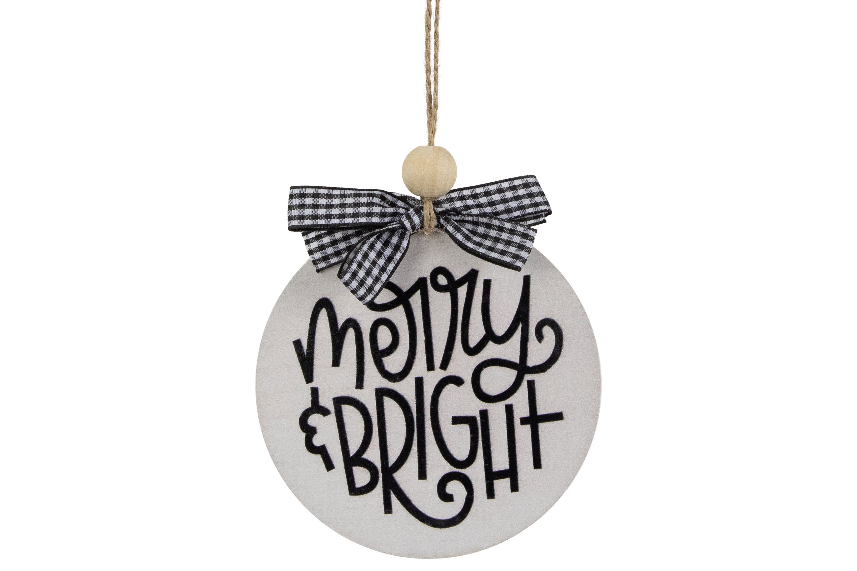 4inch Black and White Merry & Bright Christmas Disc Wooden Ornament with Plaid Bow
