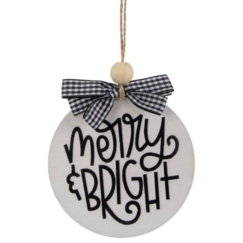4inch Black and White Merry & Bright Christmas Disc Wooden Ornament with Plaid Bow