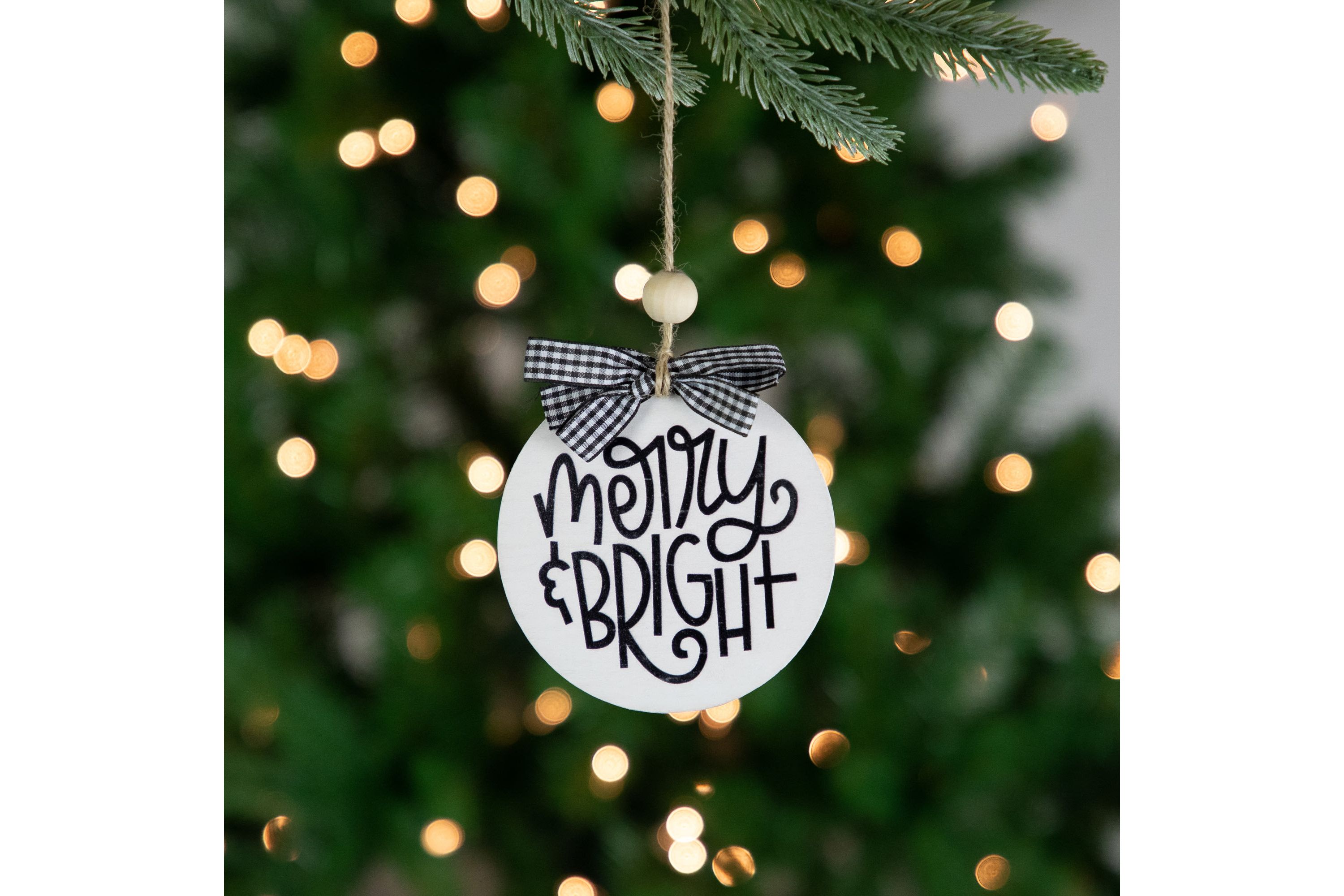 4inch Black and White Merry & Bright Christmas Disc Wooden Ornament with Plaid Bow