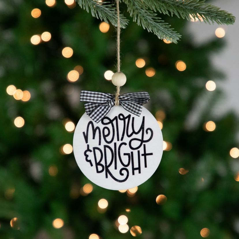 4inch Black and White Merry & Bright Christmas Disc Wooden Ornament with Plaid Bow