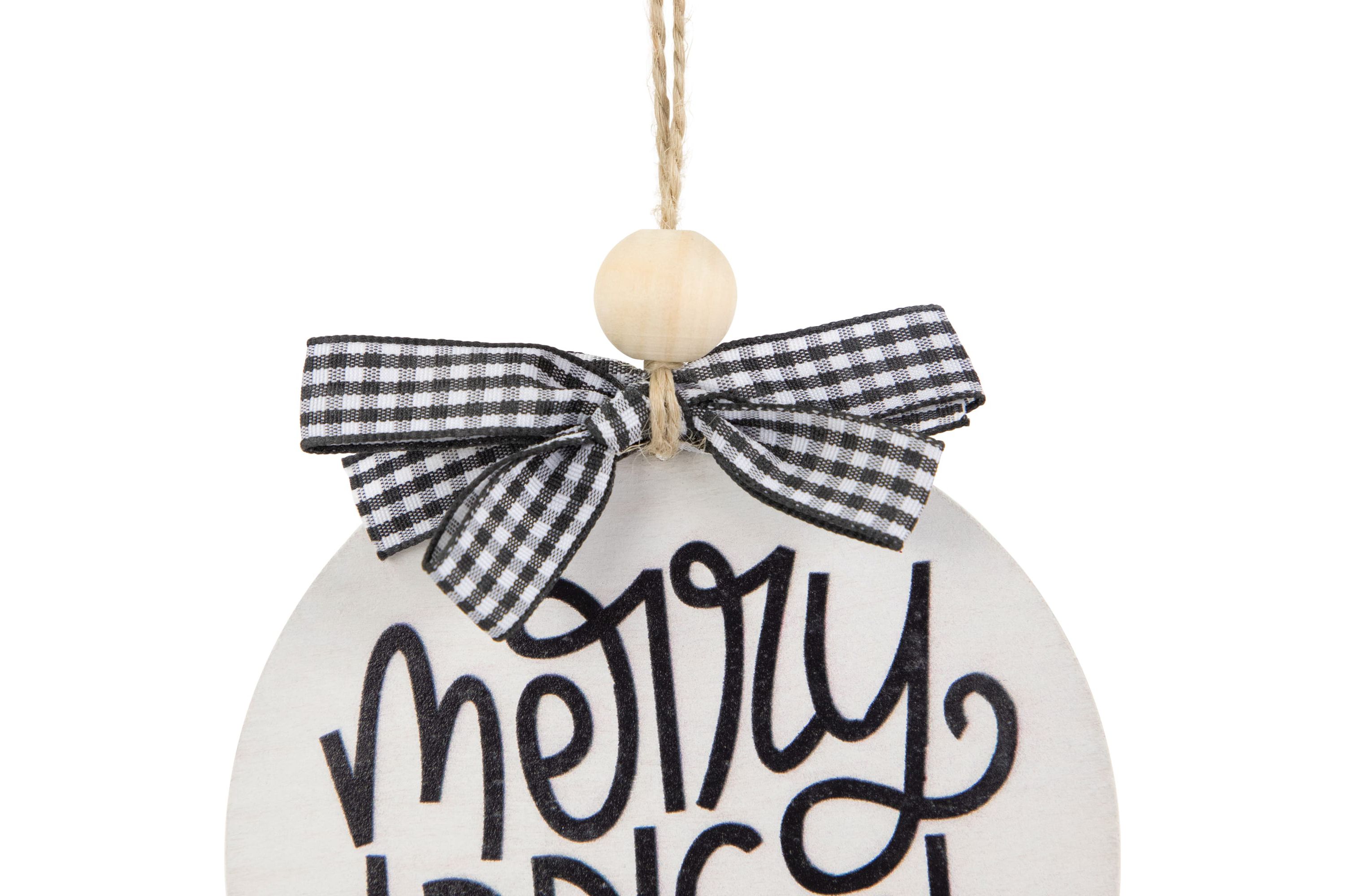 4inch Black and White Merry & Bright Christmas Disc Wooden Ornament with Plaid Bow