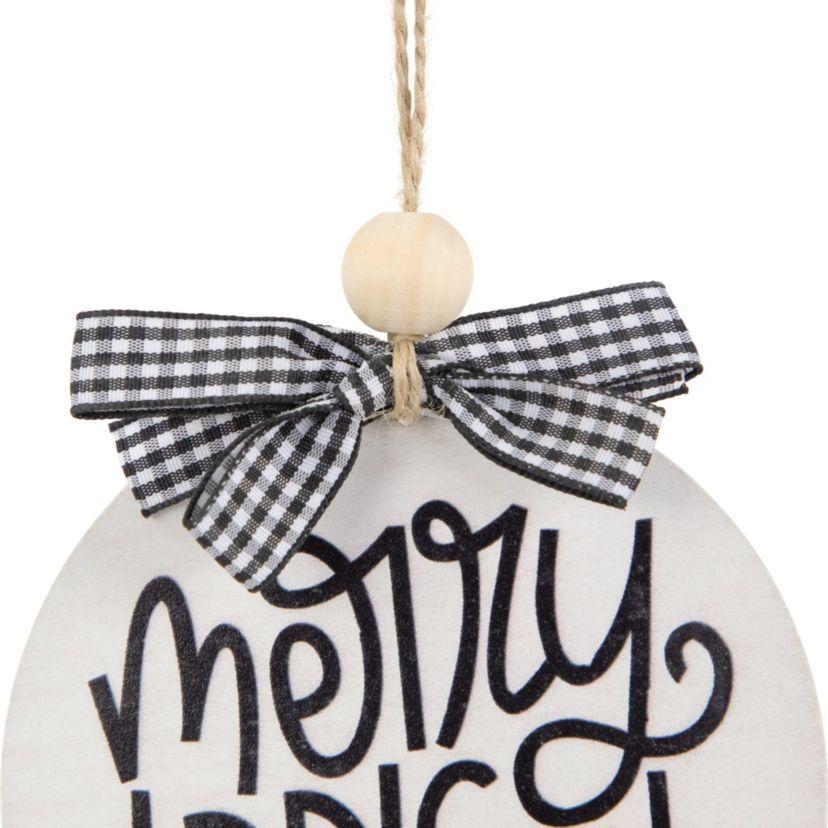 4inch Black and White Merry & Bright Christmas Disc Wooden Ornament with Plaid Bow