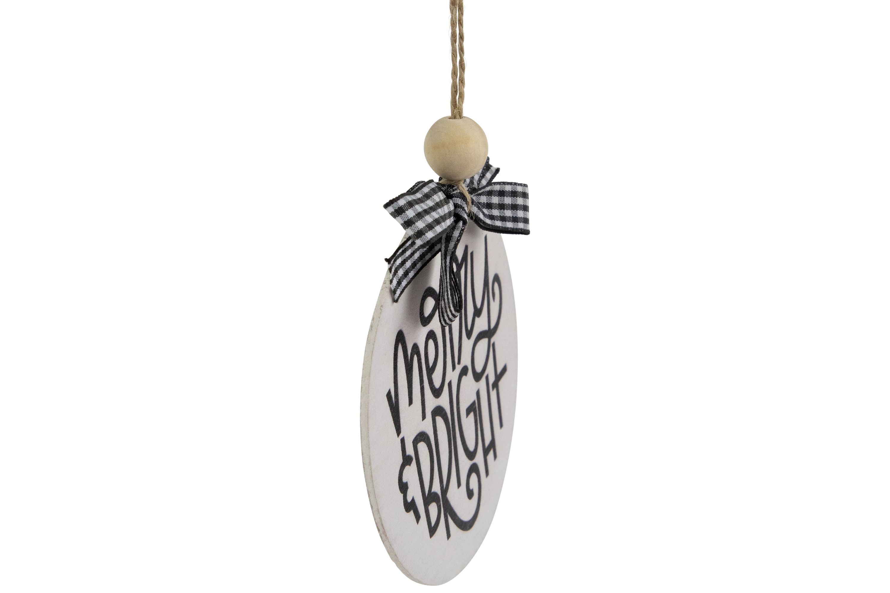 4inch Black and White Merry & Bright Christmas Disc Wooden Ornament with Plaid Bow