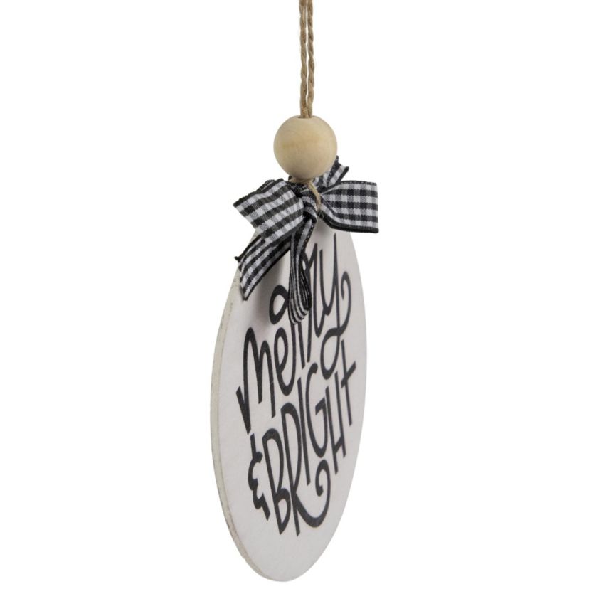 4inch Black and White Merry & Bright Christmas Disc Wooden Ornament with Plaid Bow