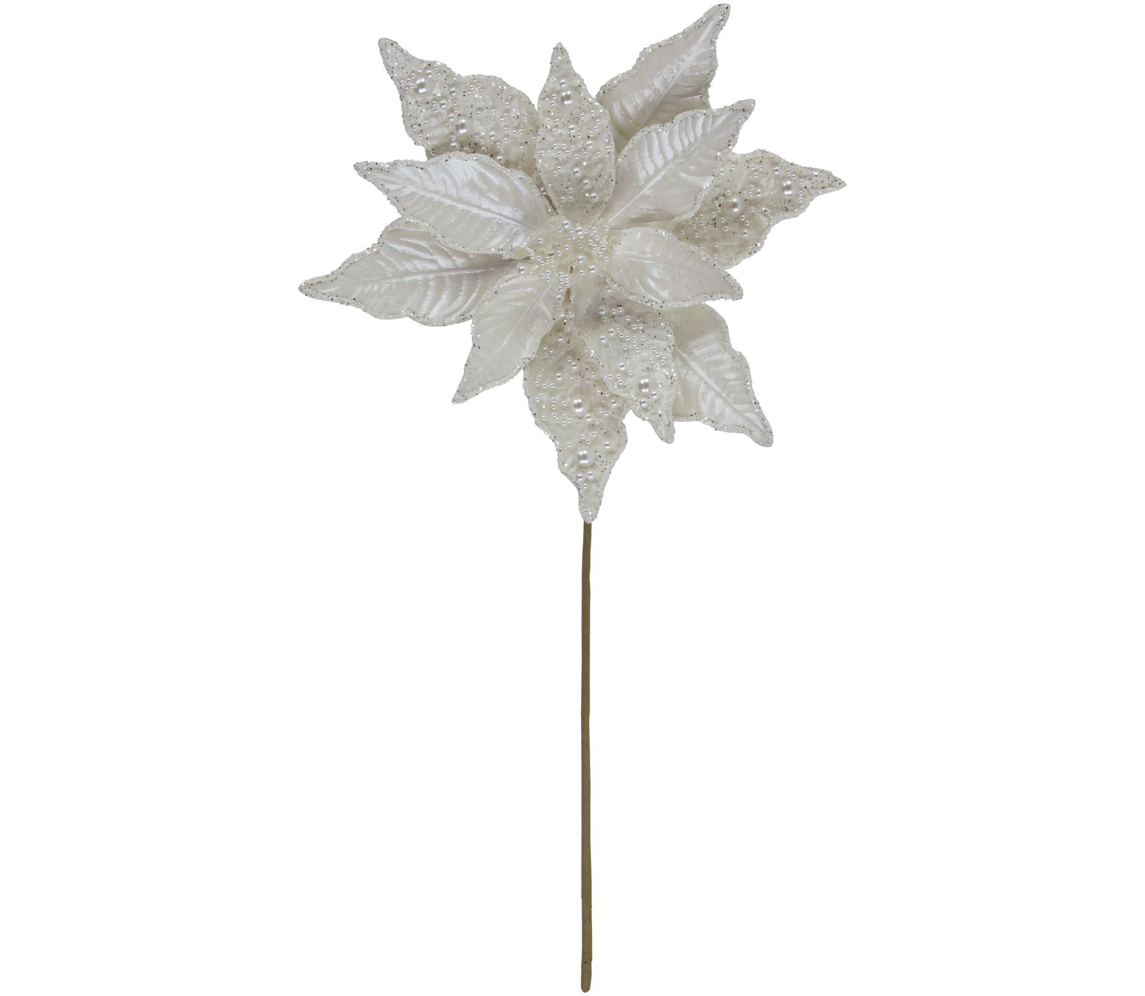 22inch Pearl White Glittered Poinsettia Christmas Stem Spray