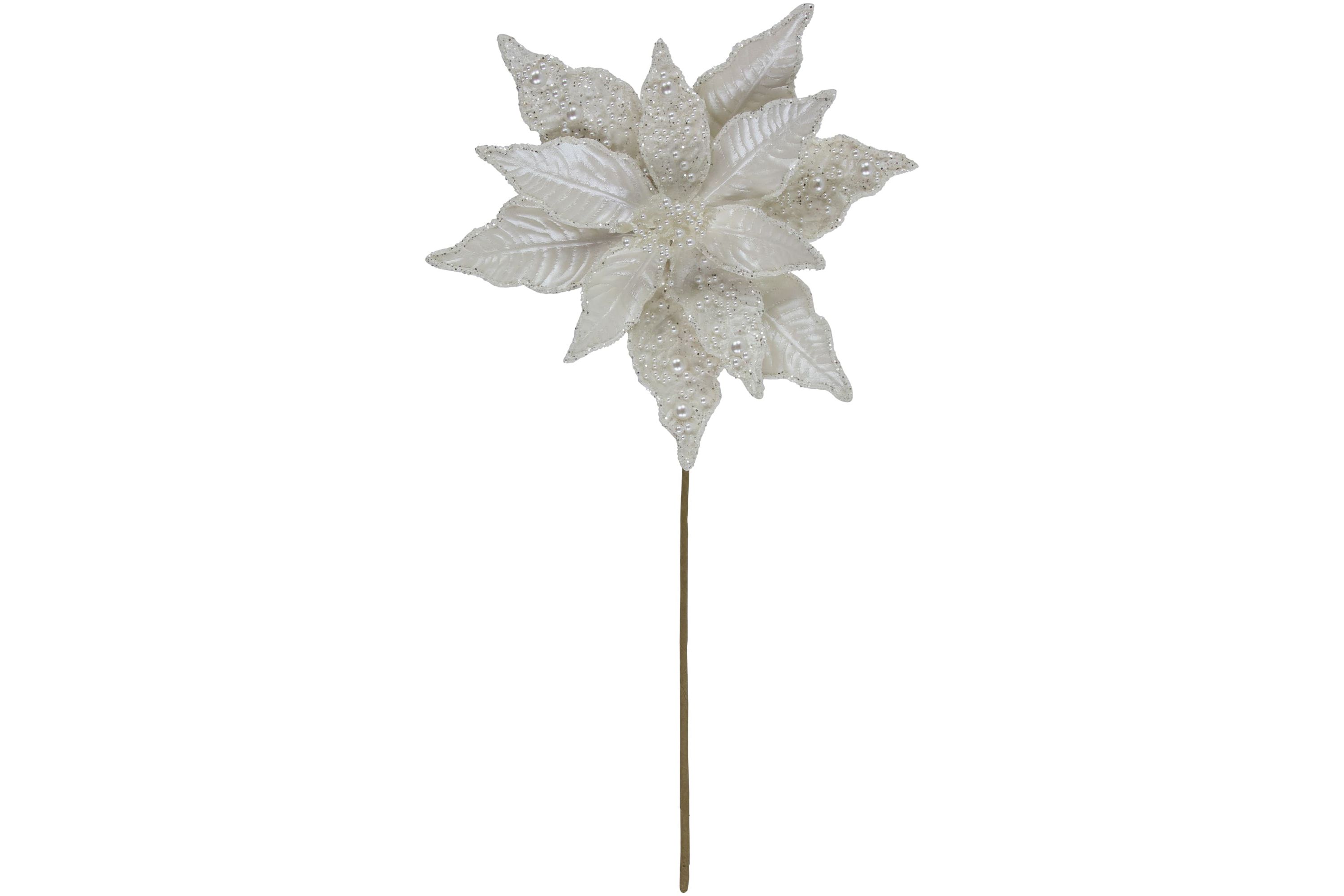 22inch Pearl White Glittered Poinsettia Christmas Stem Spray