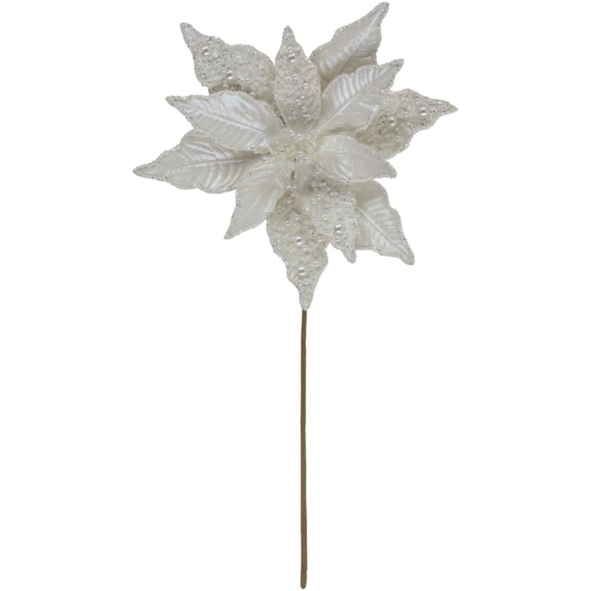 22inch Pearl White Glittered Poinsettia Christmas Stem Spray